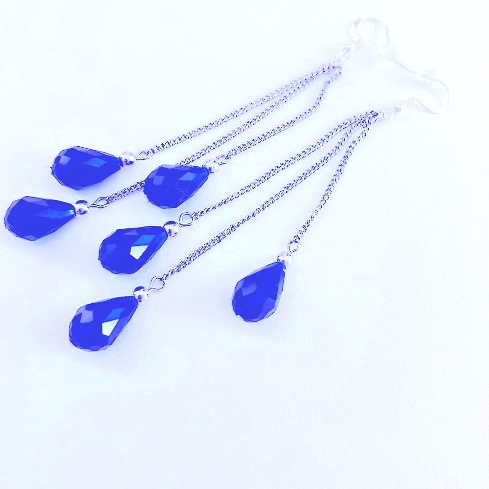 Vintage earrings  cobalt blue triplet of faceted glass teardrop crystal pierced